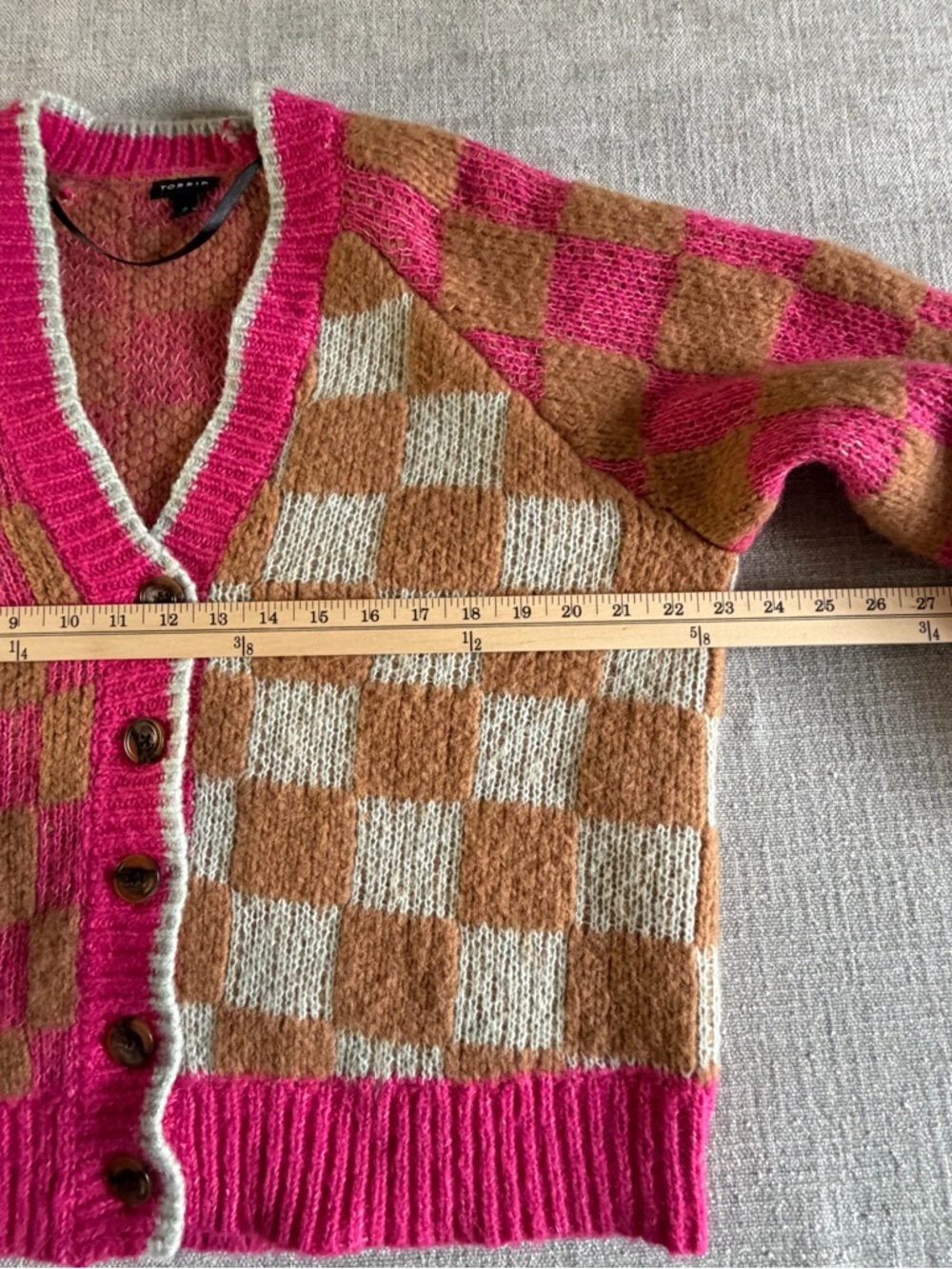Torrid Chunky Cardigan V-Neck Button Front Sweater pink tan checkered - Picture 8 of 12